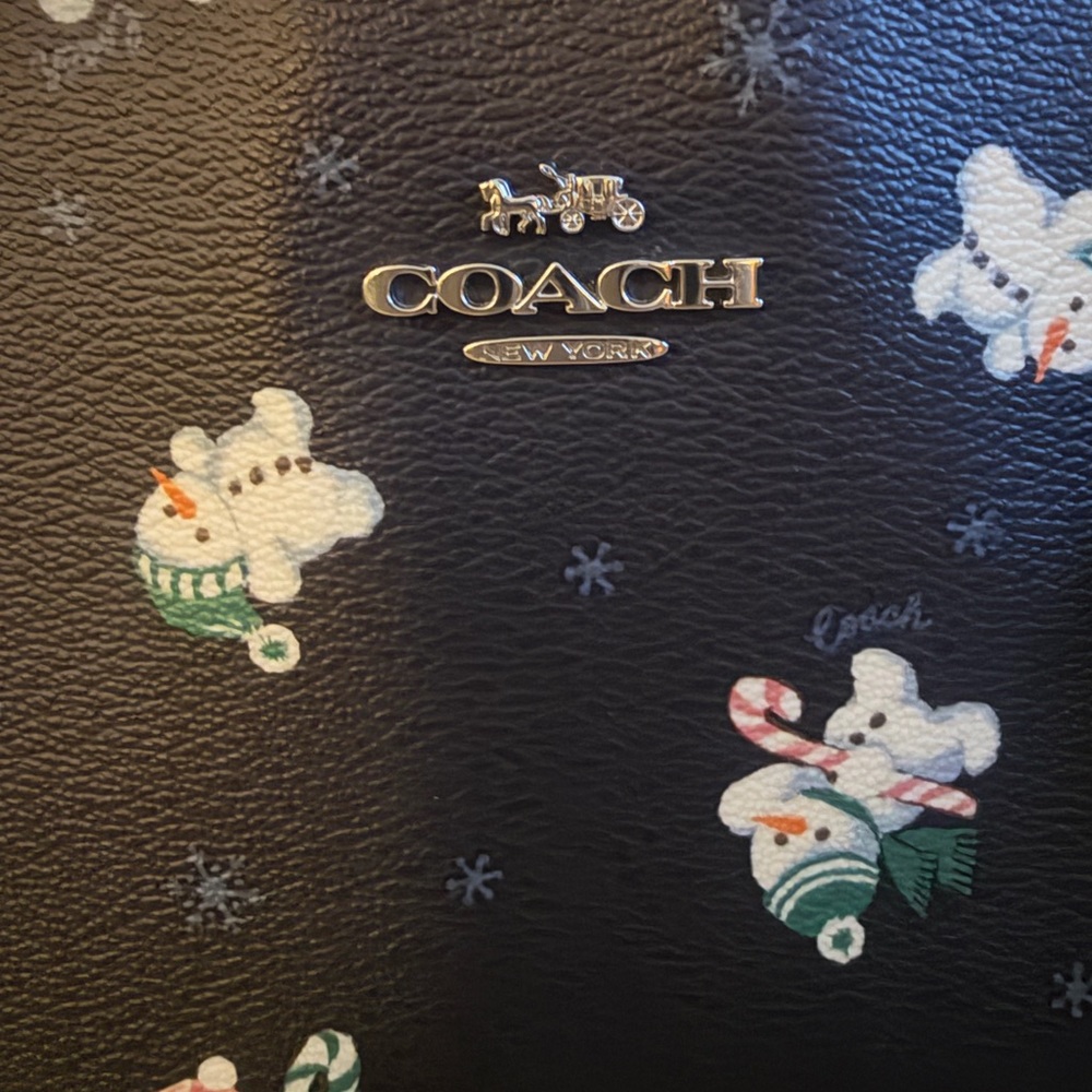 Coach Zip Top Navy Tote Bag with Snowman Print - Picture 2 of 8